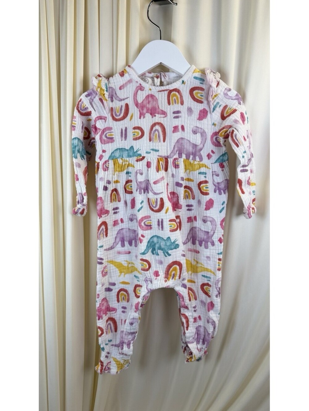 MudPie Baby Girls Jumpsuit Rainbow Dino Watercolor Beautiful Type Romper 9-12 Mo